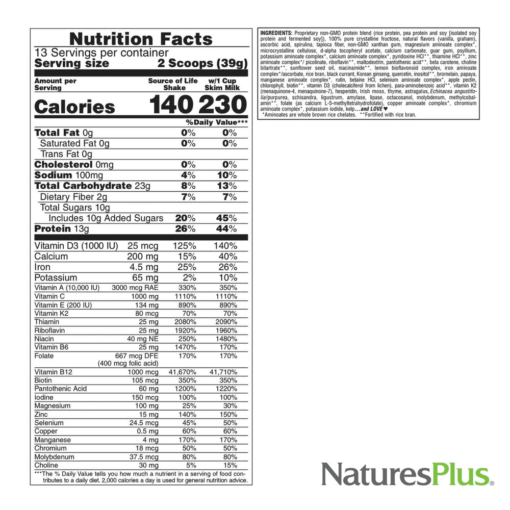 NaturesPlus Source of Life Energy Shake label close-up highlights ingredients.
