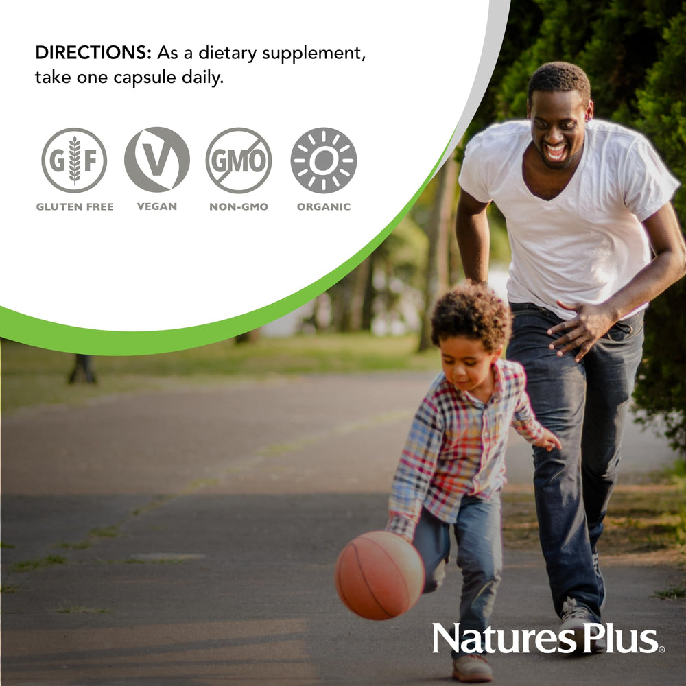 NaturesPlus Source of Life Garden bottle on kitchen counter for daily use.