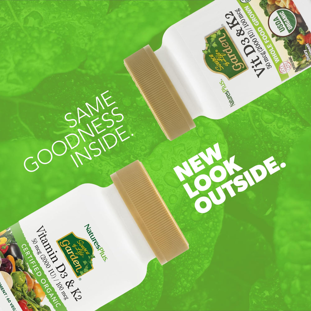 NaturesPlus Source of Life Garden capsules closeup highlighting vegan D3 K2 formula.
