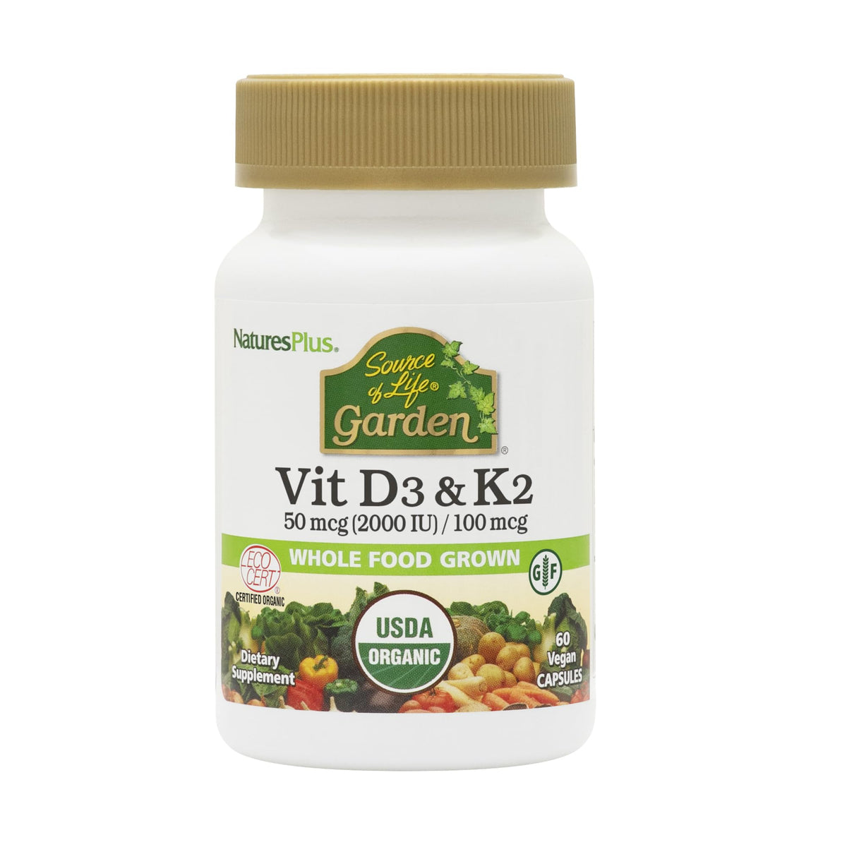 NaturesPlus Source of Life Garden D3 K2 bottle with vegan capsules for bone and immune support.