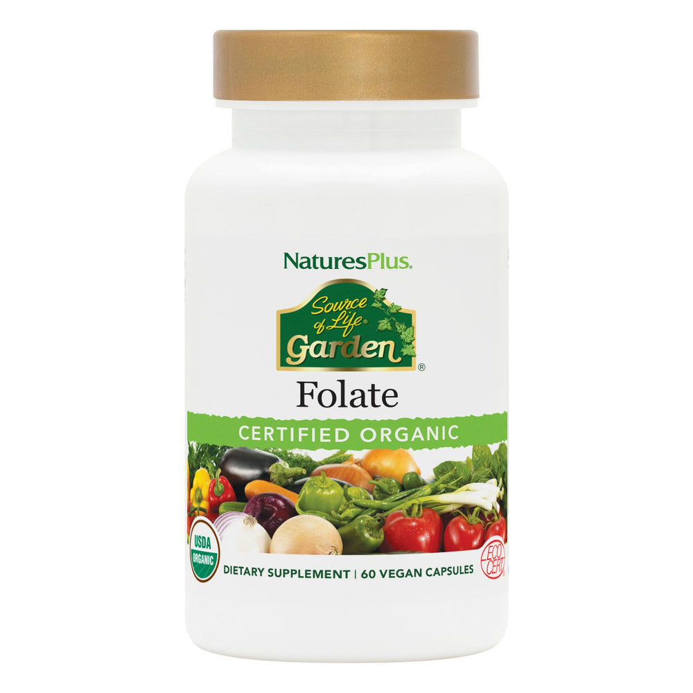 NaturesPlus Source of Life Garden Folate bottle showing organic, plant-based folate for daily wellness support.