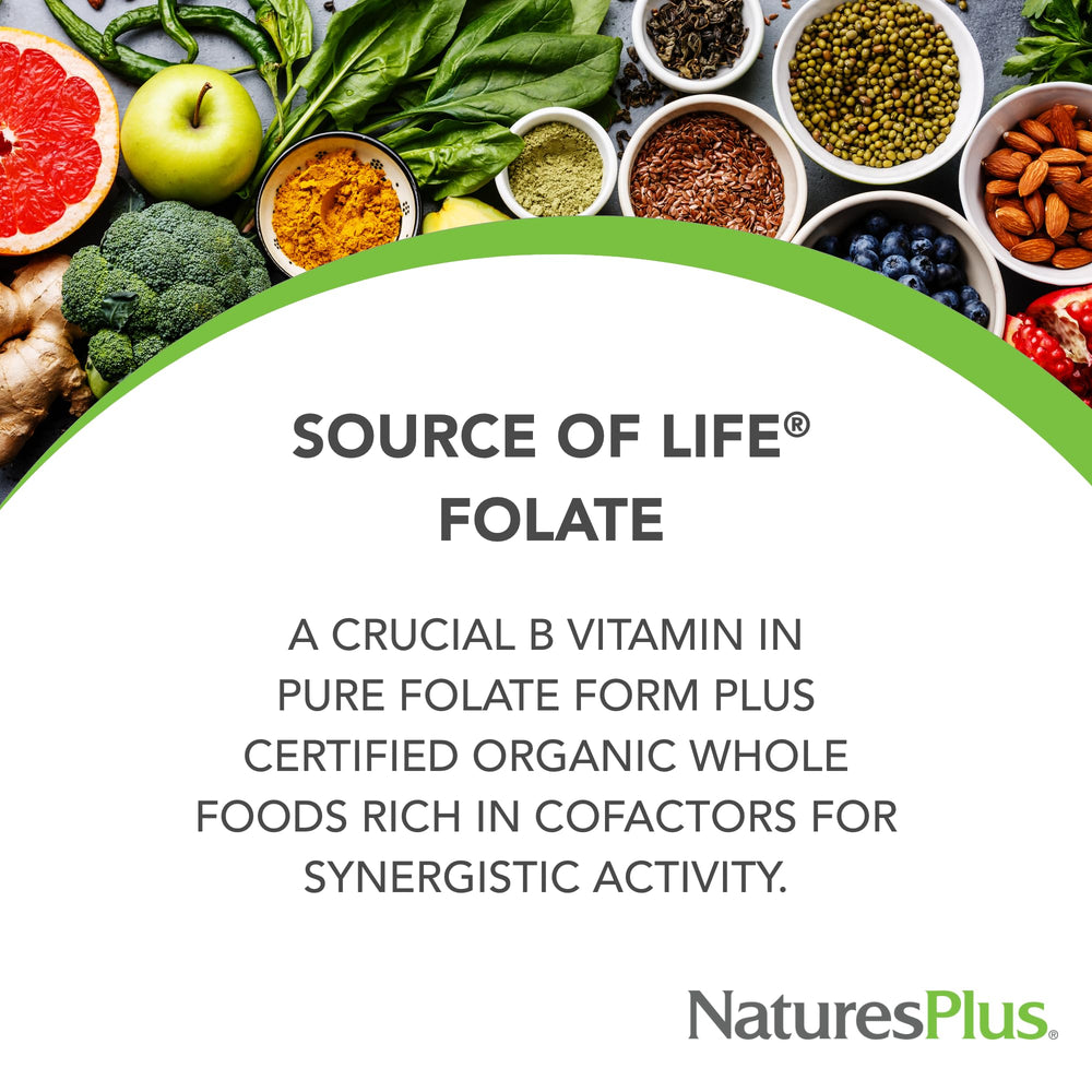 Capsules of NaturesPlus Source of Life Garden Folate highlight vegan, gluten-free folate from whole foods.