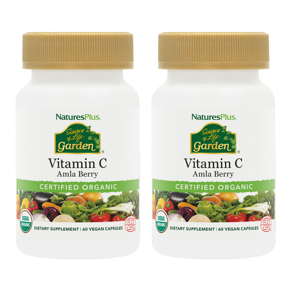 NaturesPlus Source of Life Garden Vitamin C bottle front view showing organic ingredients for daily support.