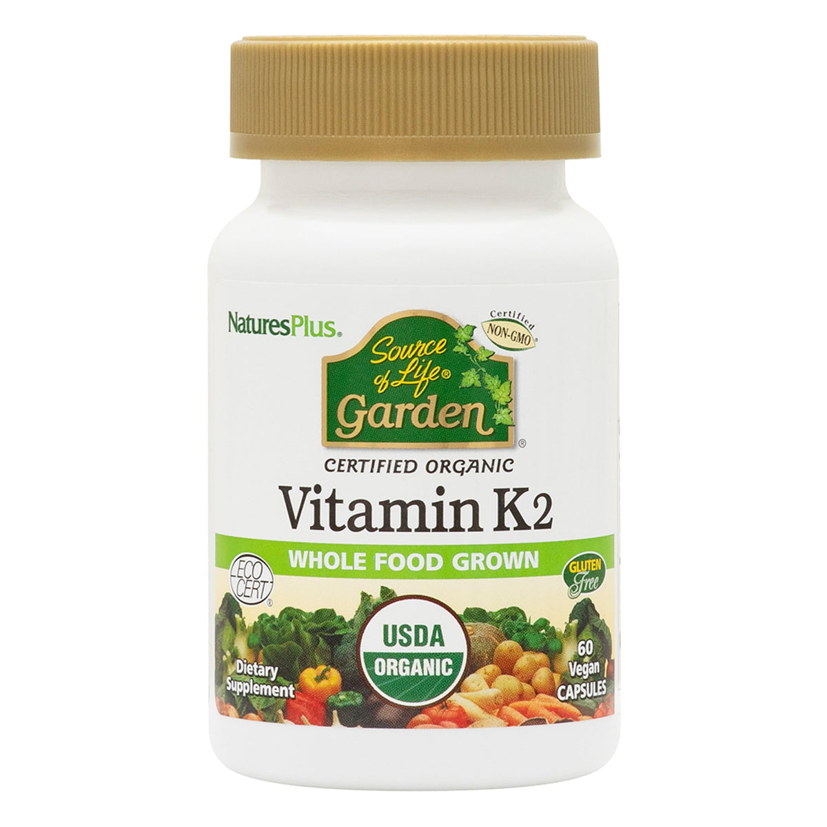 NaturesPlus Source of Life Garden Vitamin K2-60 bottle closeup for bone support.