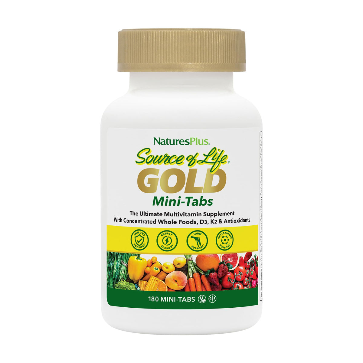 NaturesPlus Source of Life Gold bottle front shows a comprehensive multivitamin blend
