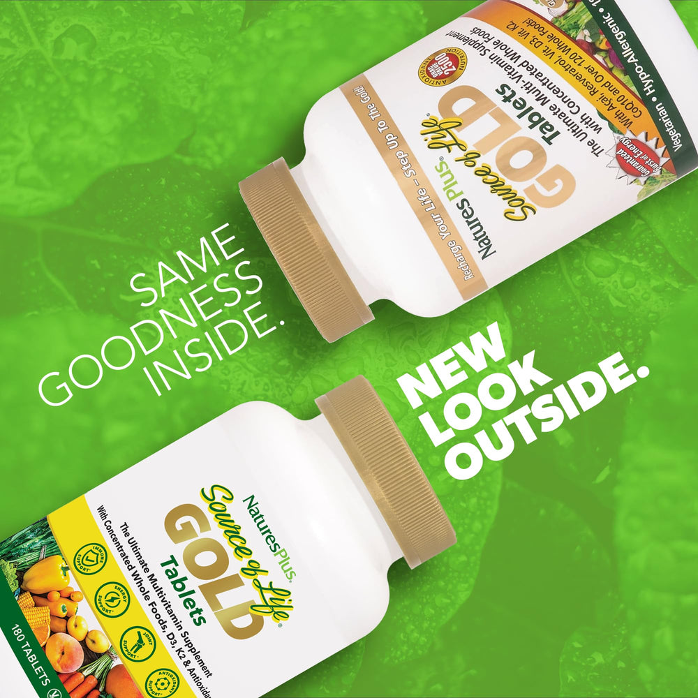 NaturesPlus Source of Life Gold label close-up showing D3 and B12 for daily energy