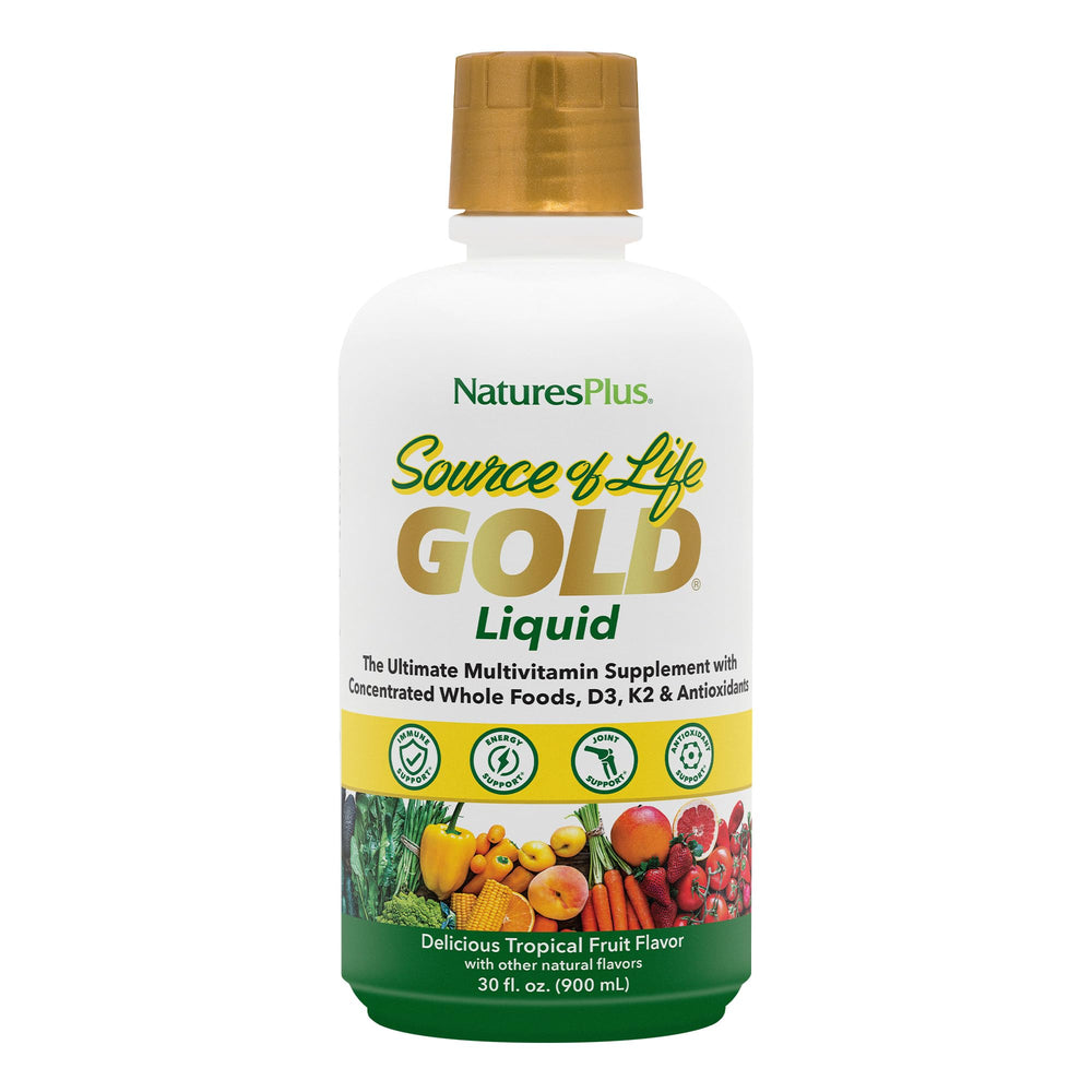 NaturesPlus Source of Life Gold bottle for convenient daily liquid nutrition.