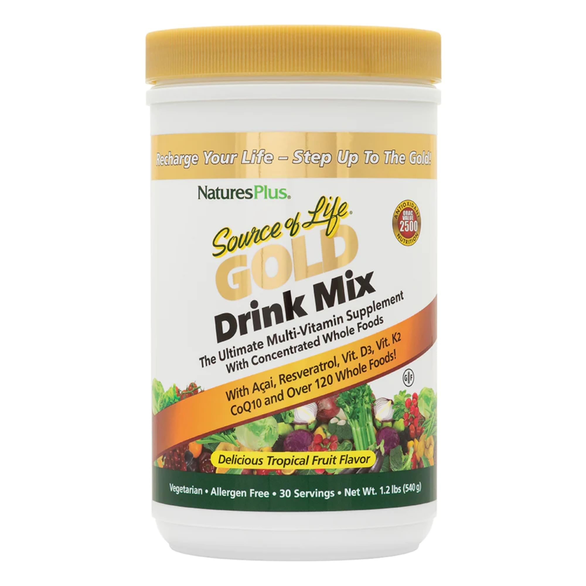 NaturesPlus Source of Life Gold bottle with tropical fruit flavor