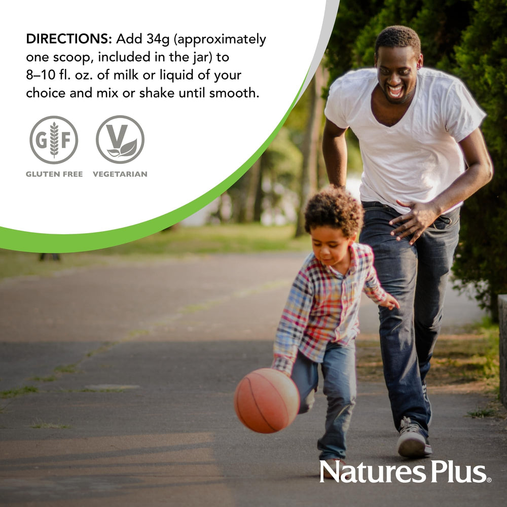 NaturesPlus Source of Life Gold Energy Shake gluten free vegetarian symbol on packaging.