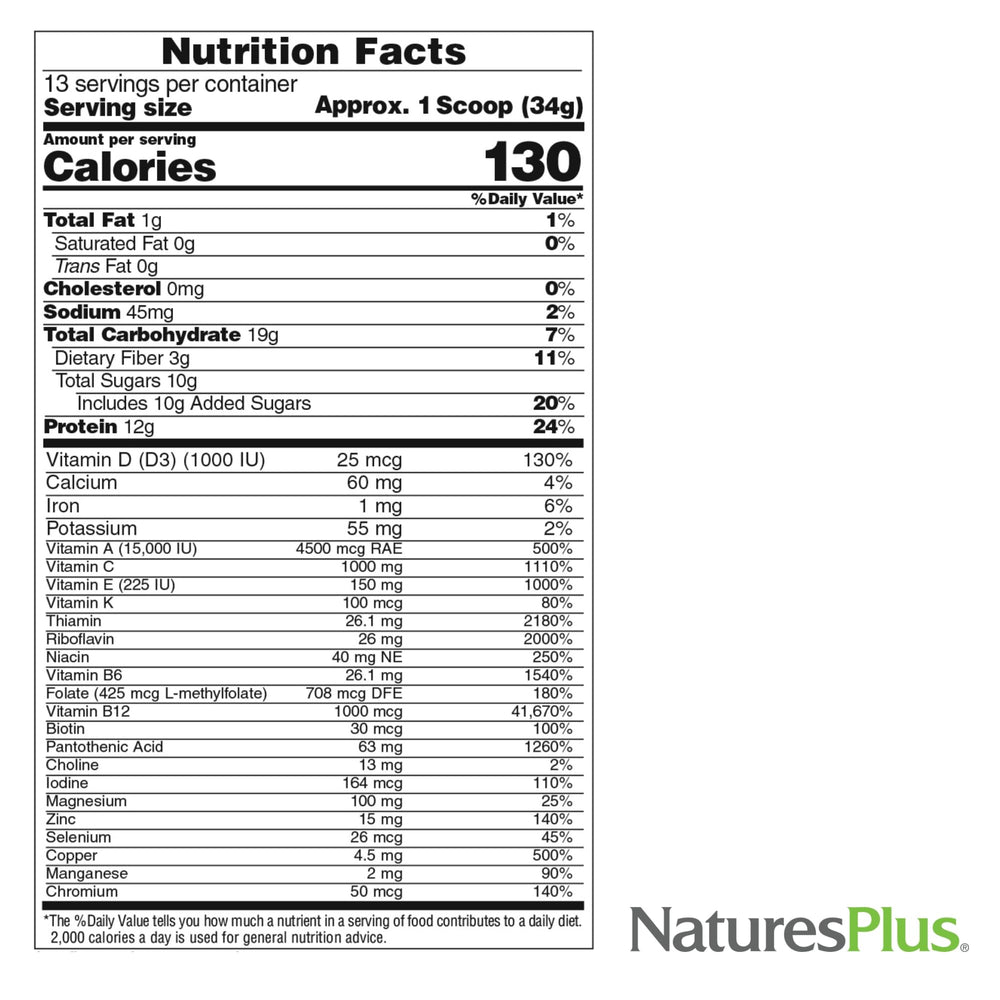 NaturesPlus Source of Life Gold Energy Shake tropical berry label highlights nutritional details.