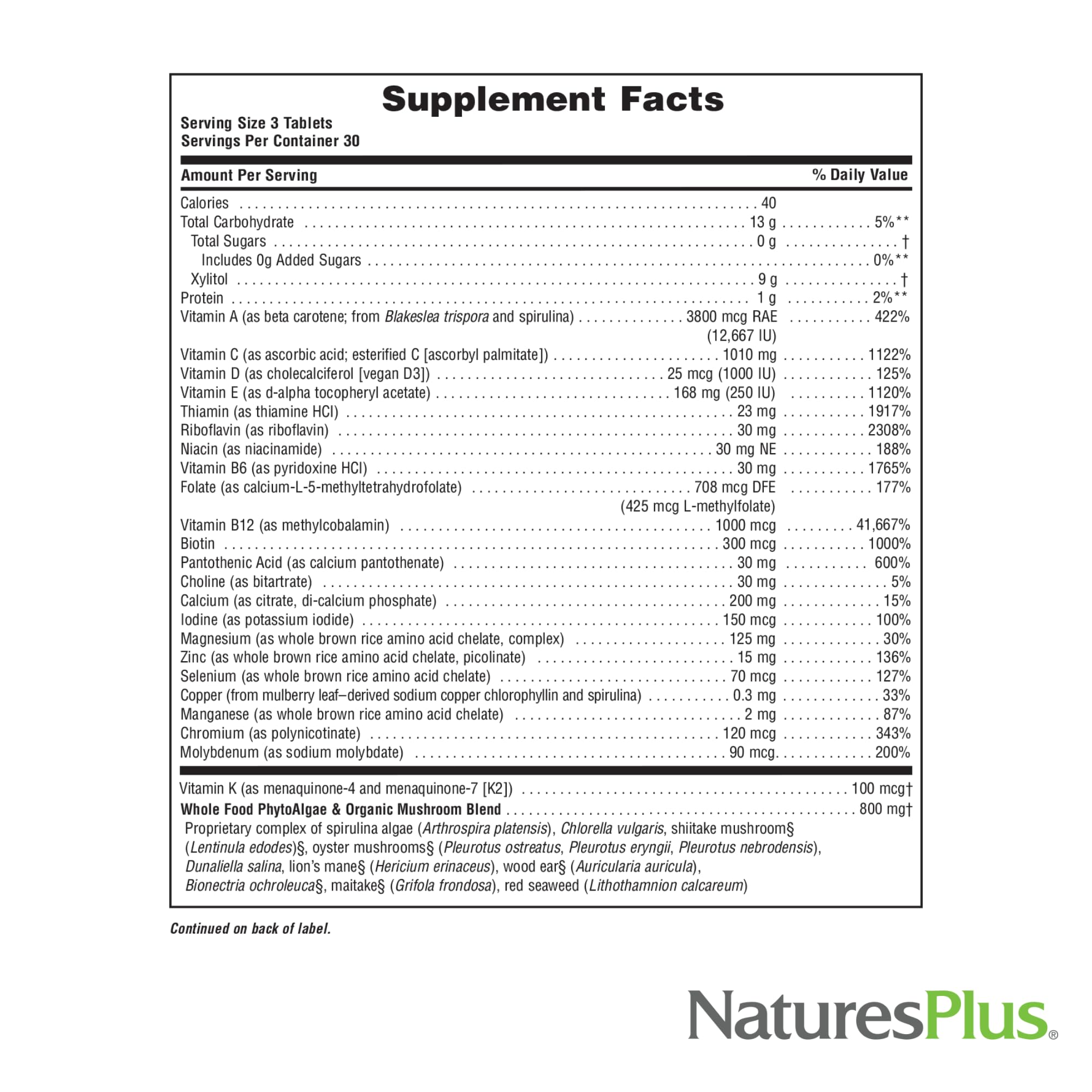 NaturesPlus Source of Life Gold ingredients list emphasizes 120+ whole foods and antioxidants.