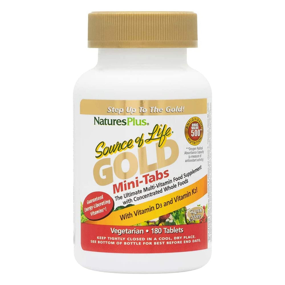 NaturesPlus Source of Life Gold bottle with mini-tabs, supporting daily energy and immune health.