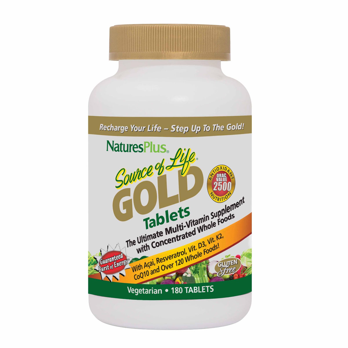 NaturesPlus Source of Life Gold tablets bottle shown for easy daily nourishment.