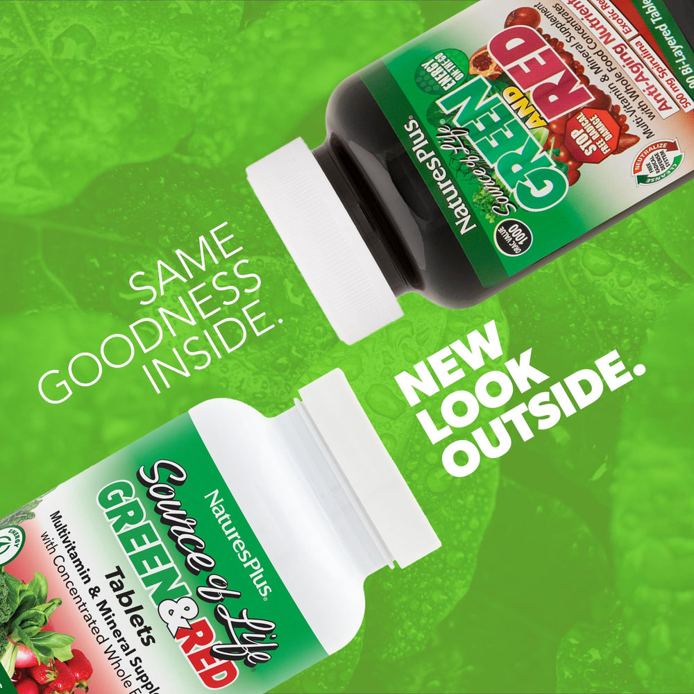 NaturesPlus Source of Life bottle packaging highlights whole-food concentrate blend for complete daily nutrition.
