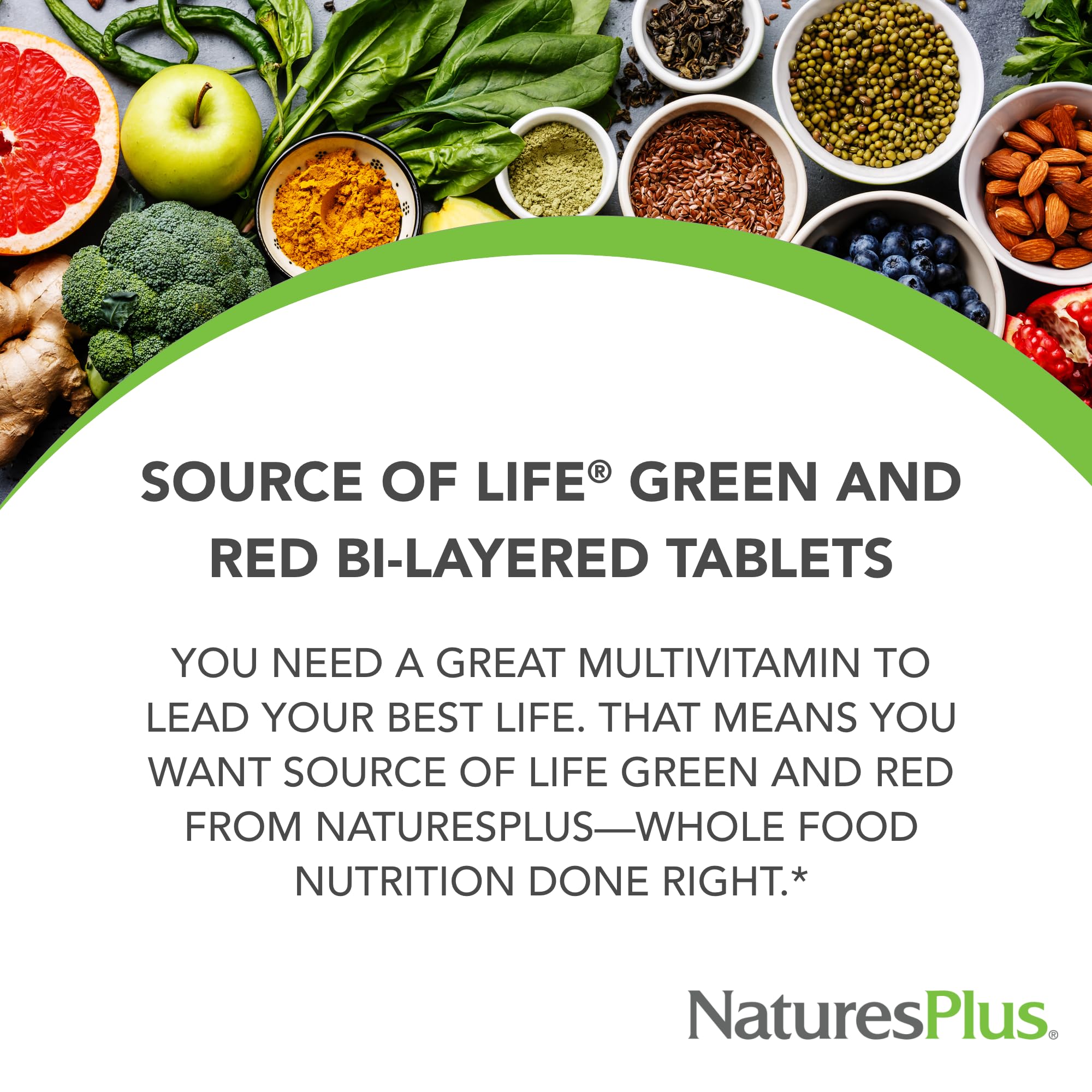 NaturesPlus Source of Life green-red tablets close-up emphasizes vegetarian, gluten-free status.