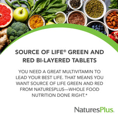 NaturesPlus Source of Life green-red tablets close-up emphasizes vegetarian, gluten-free status.