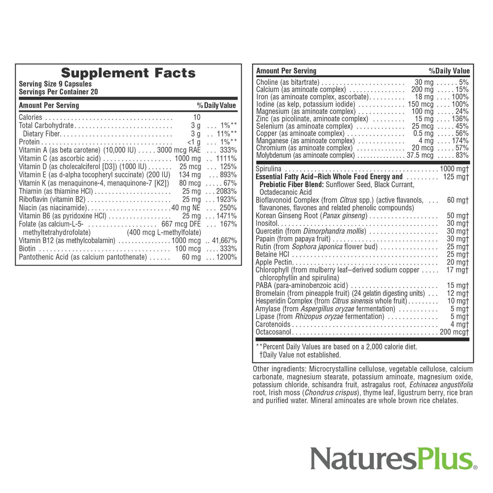 NaturesPlus Source of Life label close-up emphasizes gluten-free and vegetarian formulation for sensitive diets.