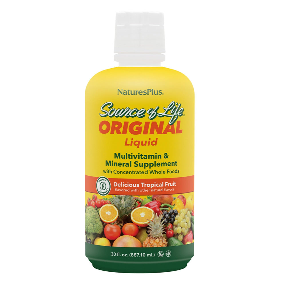 NaturesPlus Source of Life Liquid bottle showing tropical flavor and energy potential.