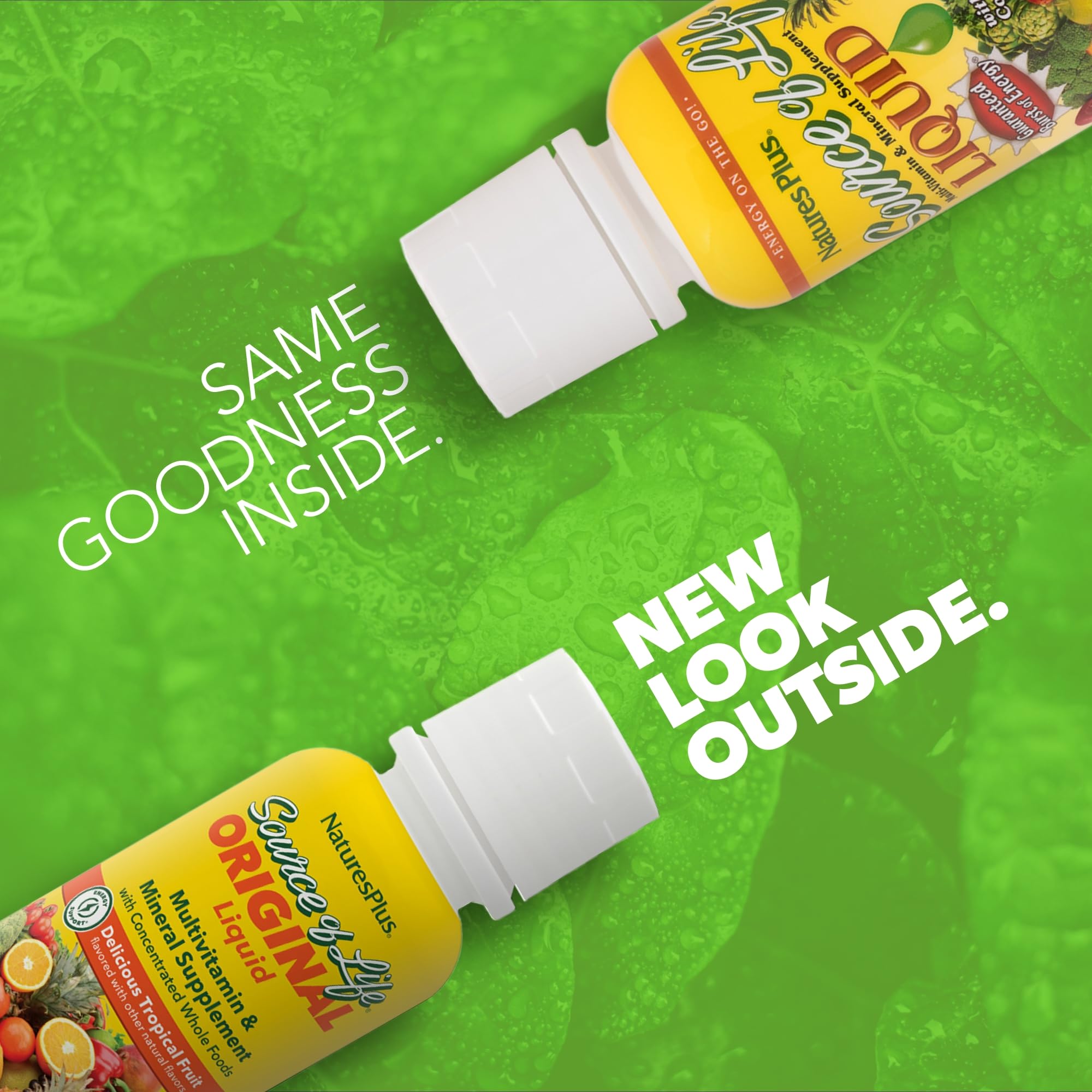 NaturesPlus Source of Life Liquid pouring into glass, convenient daily multivitamin option for busy mornings
