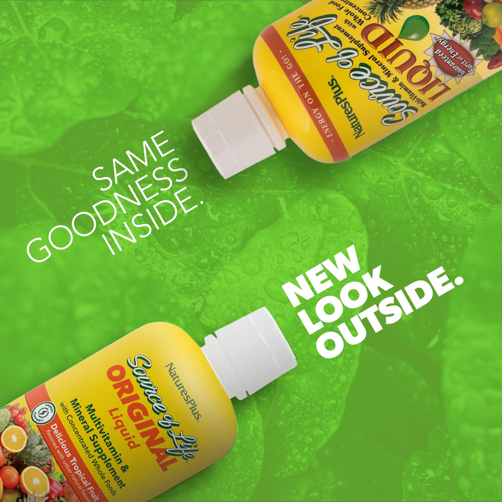 NaturesPlus Source of Life Liquid being poured to enjoy tropical flavor.