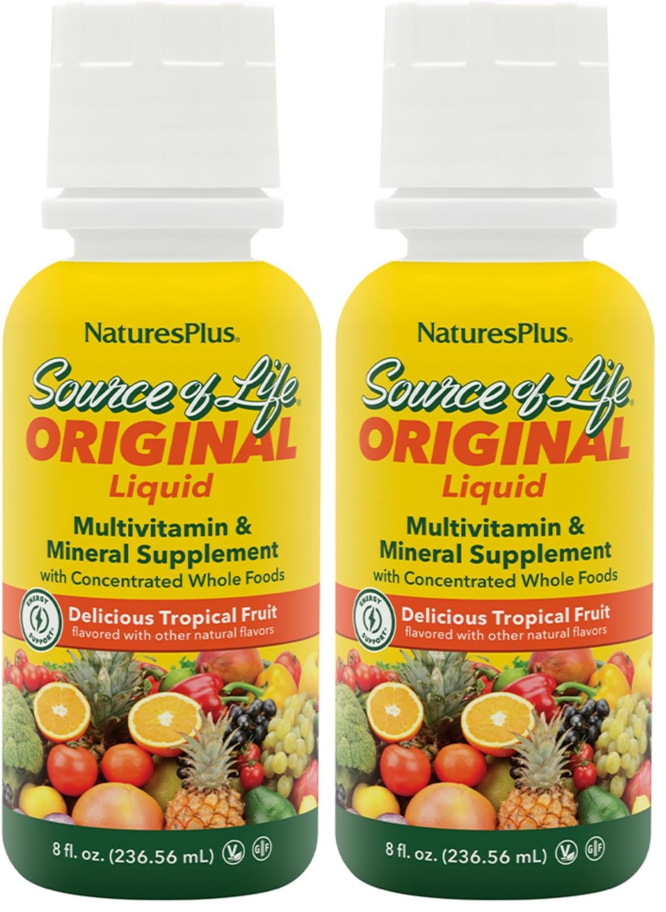 NaturesPlus Source of Life Liquid tropical fruit bottle on countertop, rich in essential nutrients for daily energy support