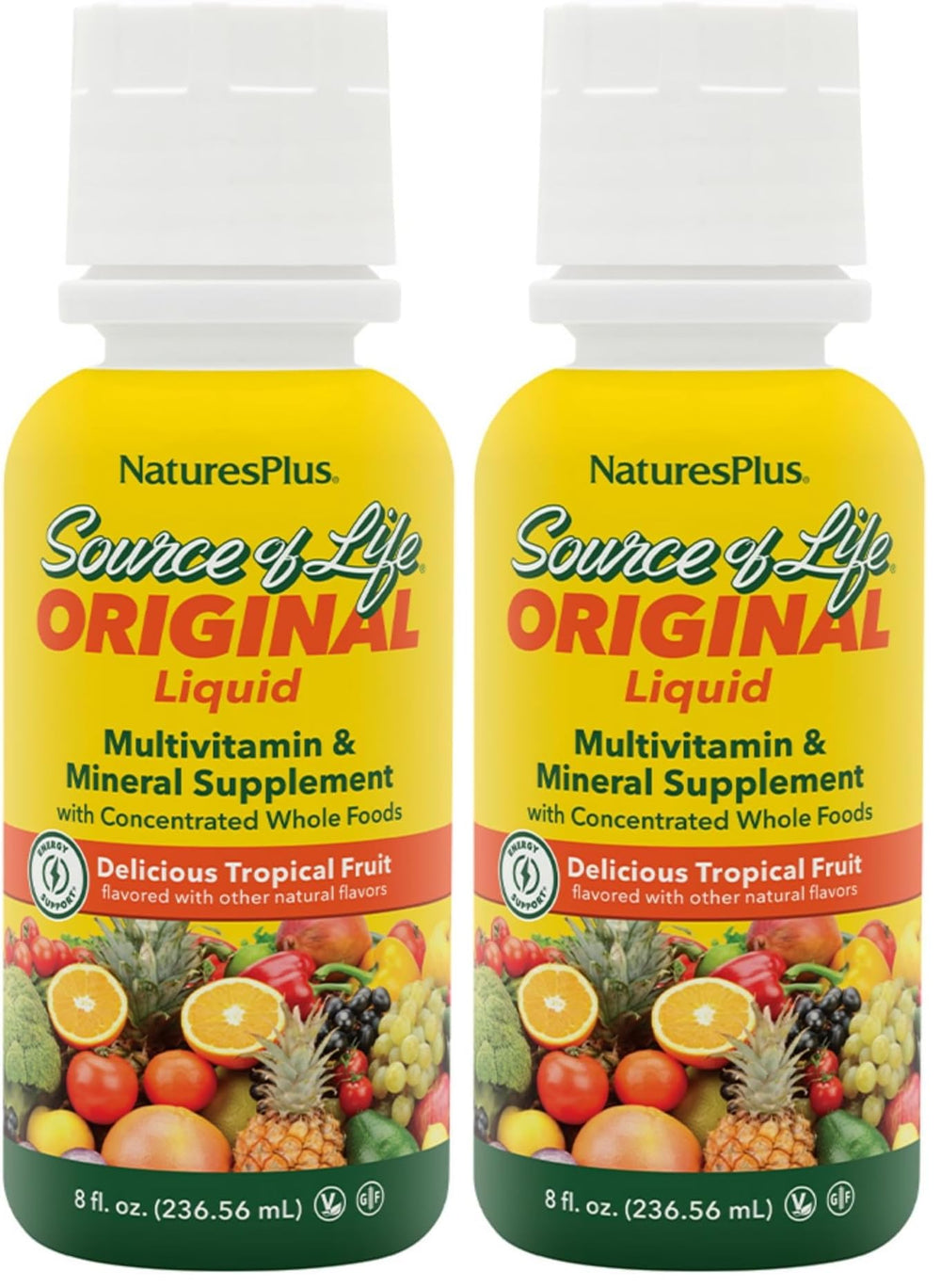 NaturesPlus Source of Life Liquid tropical fruit bottle on countertop, rich in essential nutrients for daily energy support