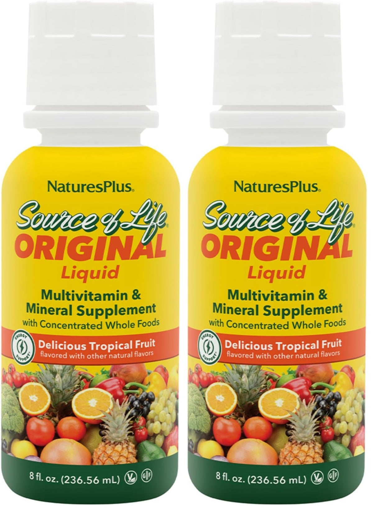 NaturesPlus Source of Life Liquid tropical fruit bottle on countertop, rich in essential nutrients for daily energy support