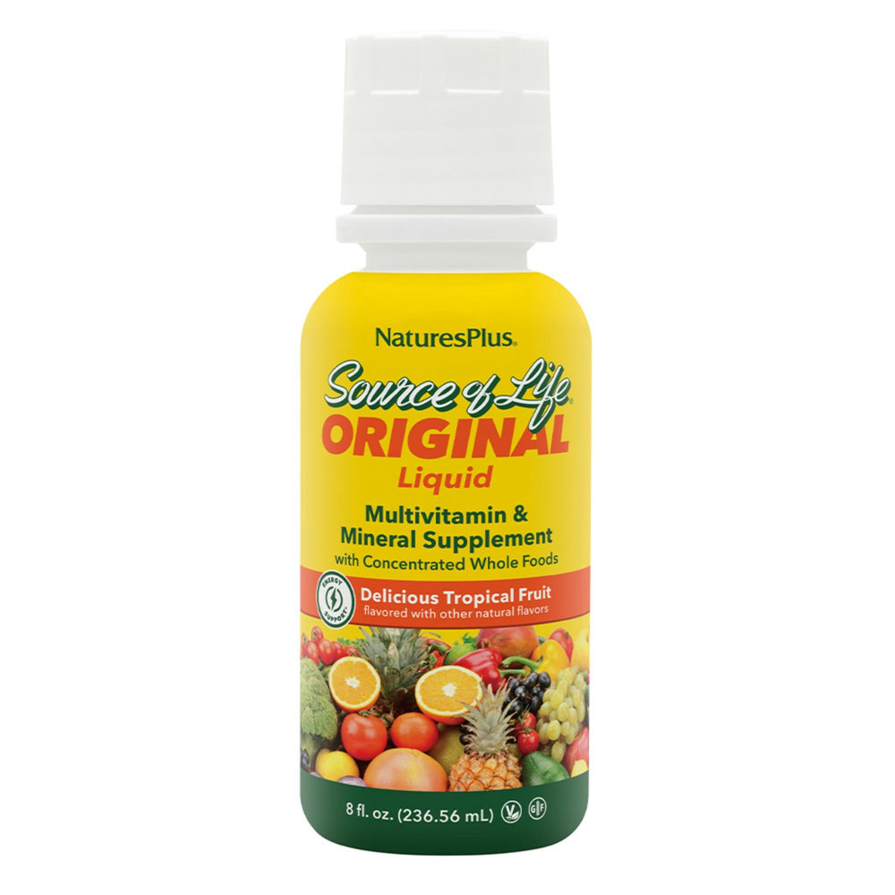 NaturesPlus Source of Life Liquid tropical fruit bottle for easy daily multivitamin nutrition.