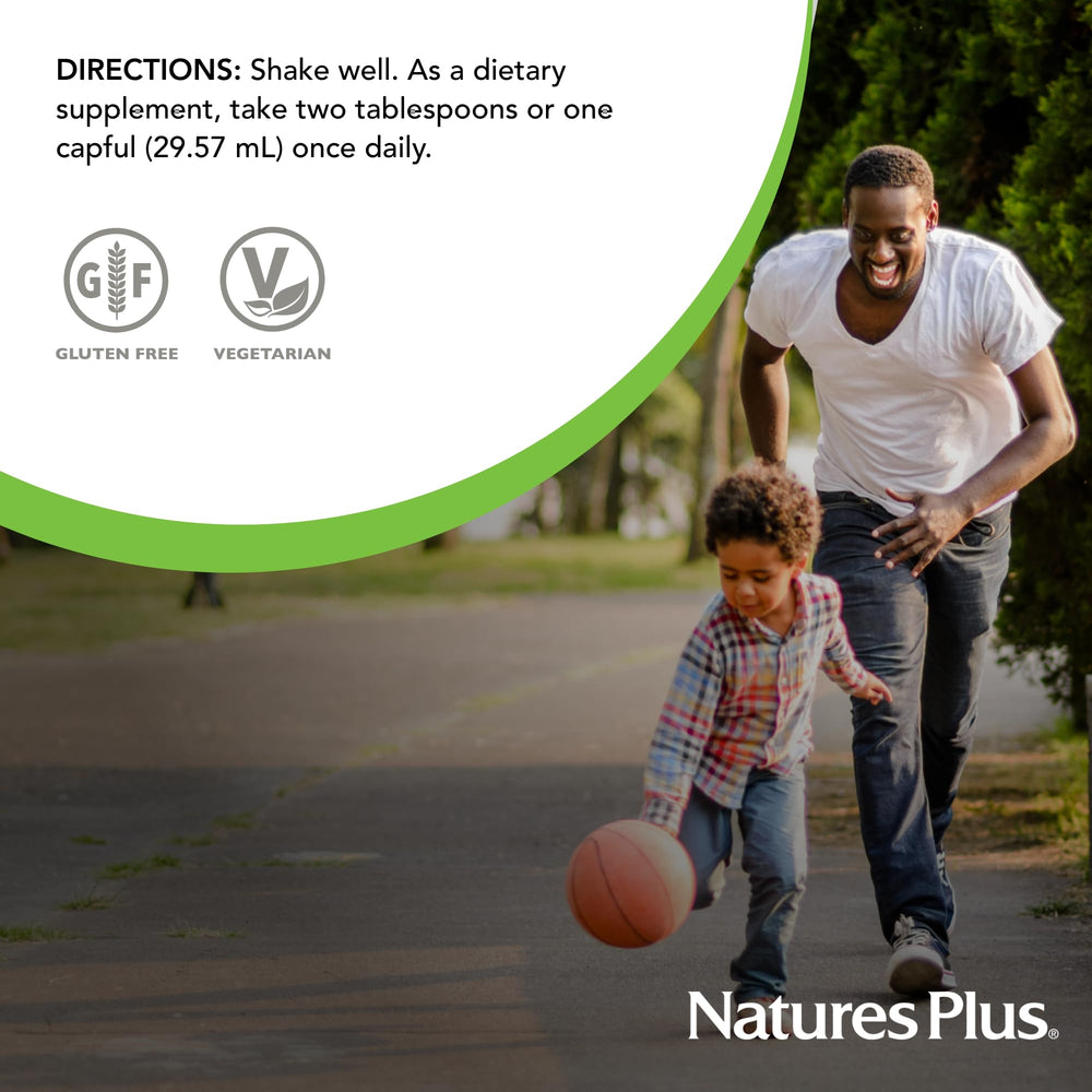 NaturesPlus Source of Life Liquid glass with pour for convenient dosing.