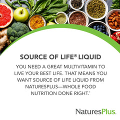 NaturesPlus Source of Life Liquid tropical fruit label showing vitamin D3 and allergen-free formula.