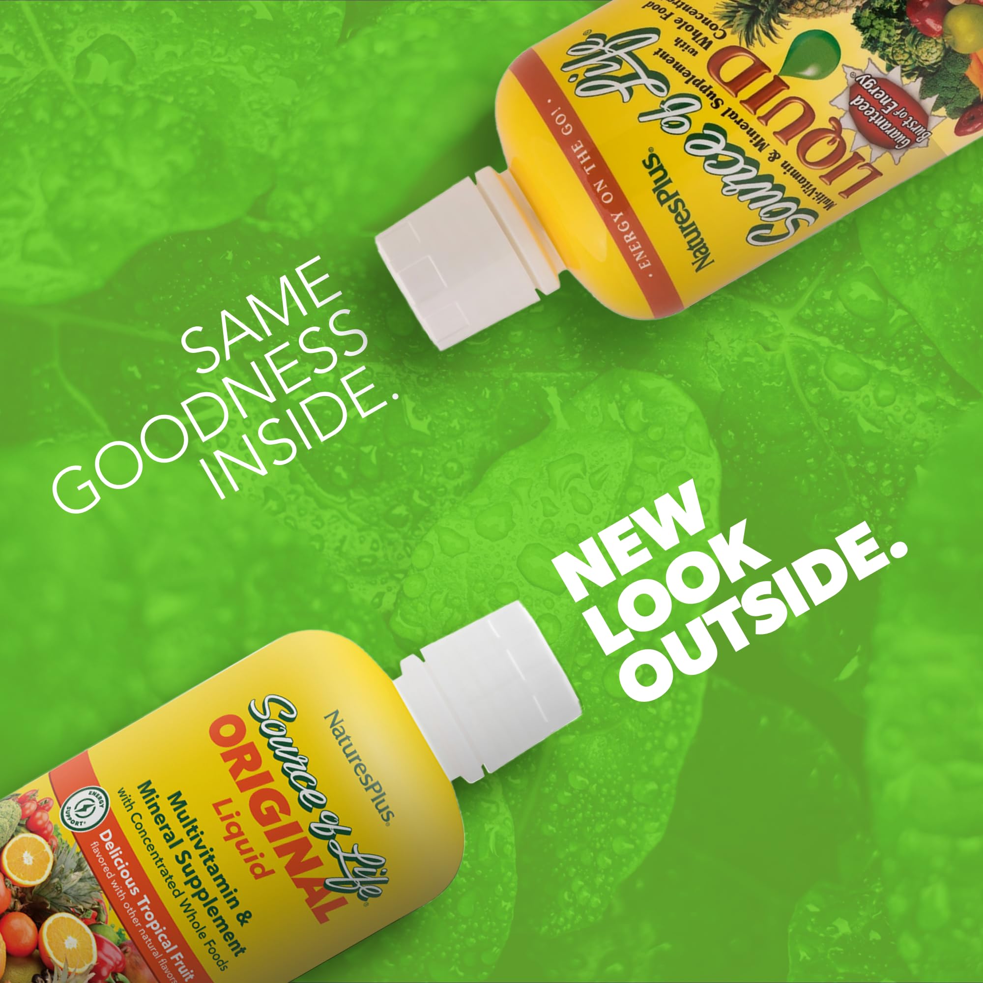 Pouring NaturesPlus Source of Life Liquid tropical fruit for a convenient nutrient boost