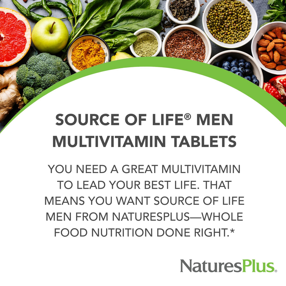 NaturesPlus Source of Life Men bottle label featuring saw palmetto and lycopene.