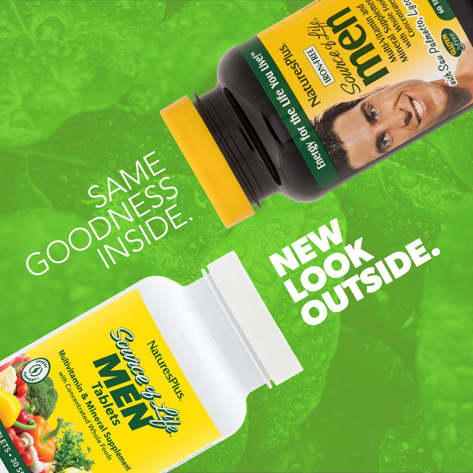 NaturesPlus Source of Life Men bottle side highlighting the nutrient-dense formula for daily support.