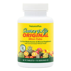 NaturesPlus Source of Life Mini-Tabs No Iron bottle front for easy daily nutrition.