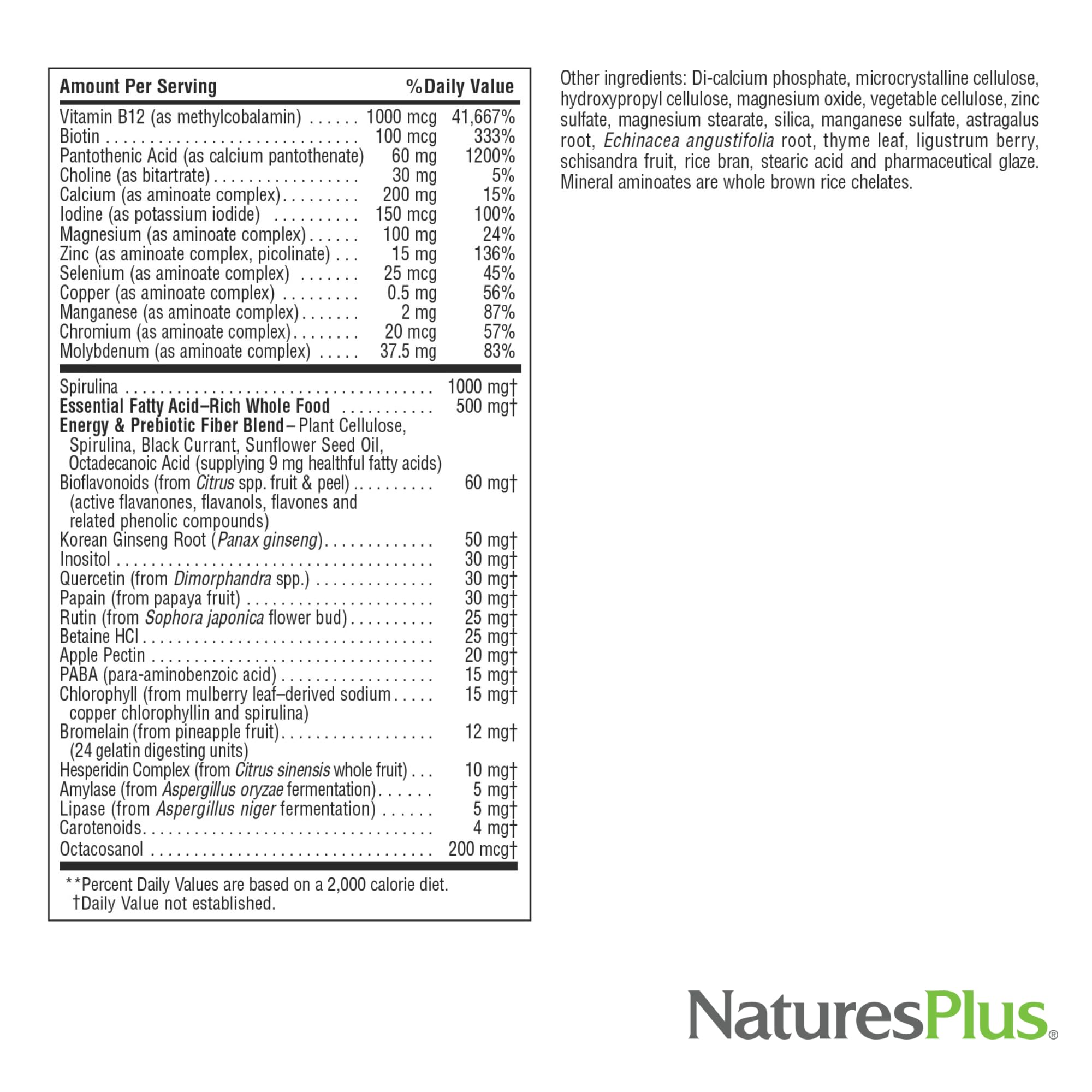 NaturesPlus Source of Life Mini-Tabs No Iron bottle side view showing nutrients.