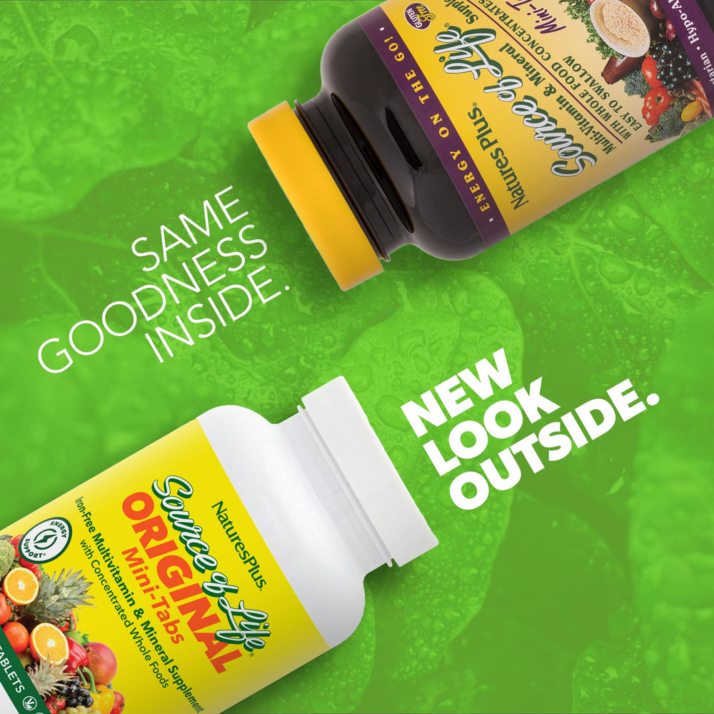 NaturesPlus Source of Life Mini-Tabs No Iron tablet close-up for easy swallowing.