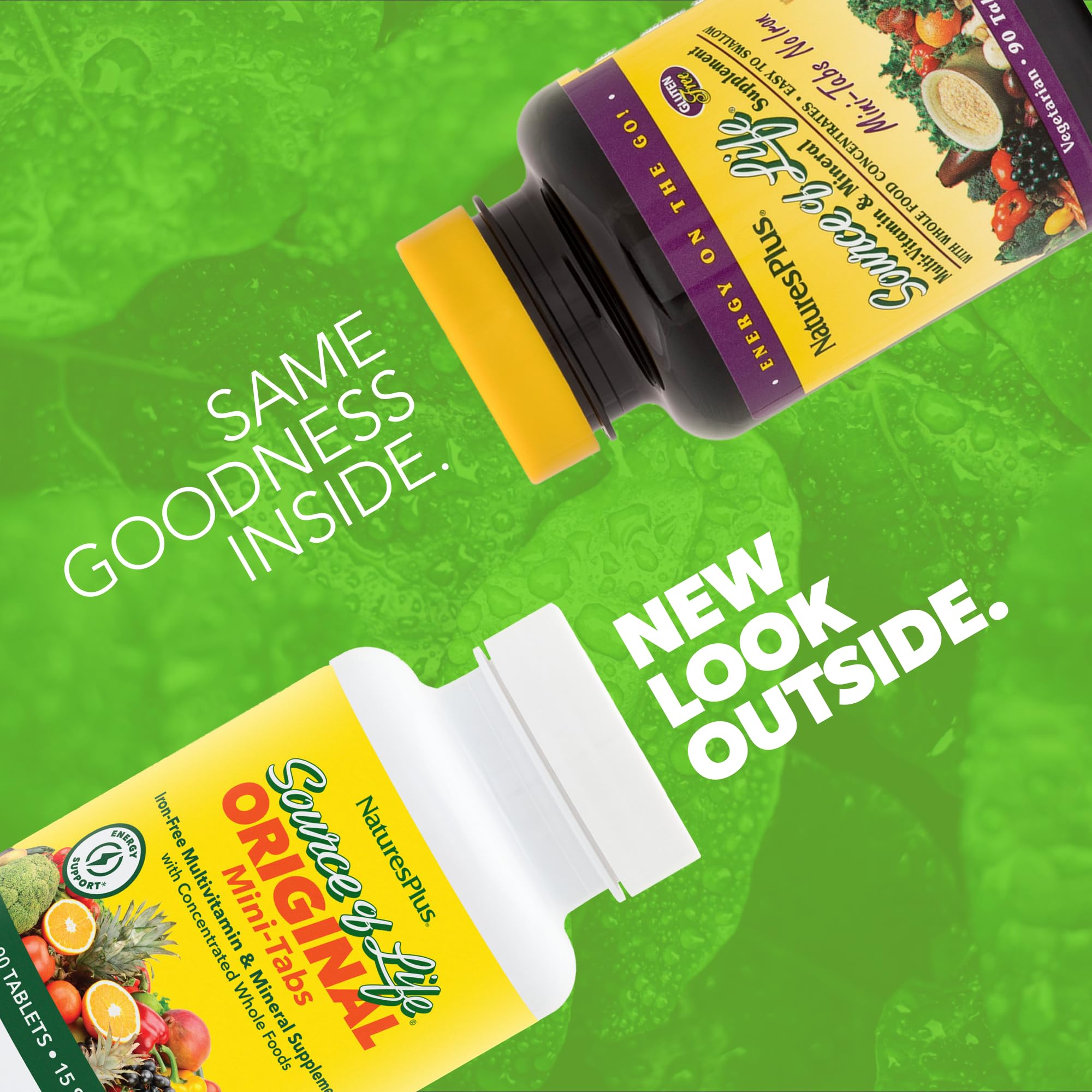 Close-up of NaturesPlus Mini-Tabs No Iron tablets, compact and easy to swallow.