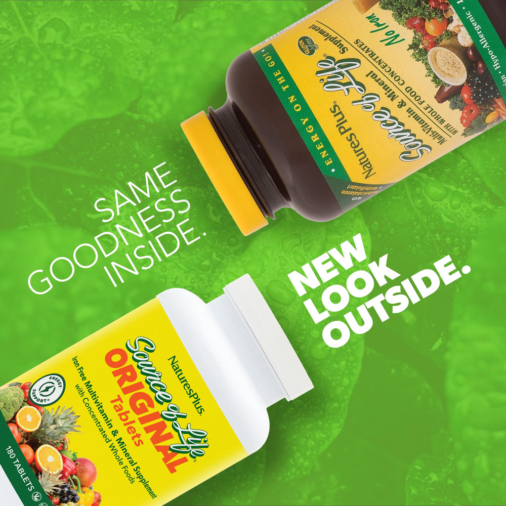 NaturesPlus Source of Life No Iron label confirms gluten-free vegetarian formula with no artificial colors.