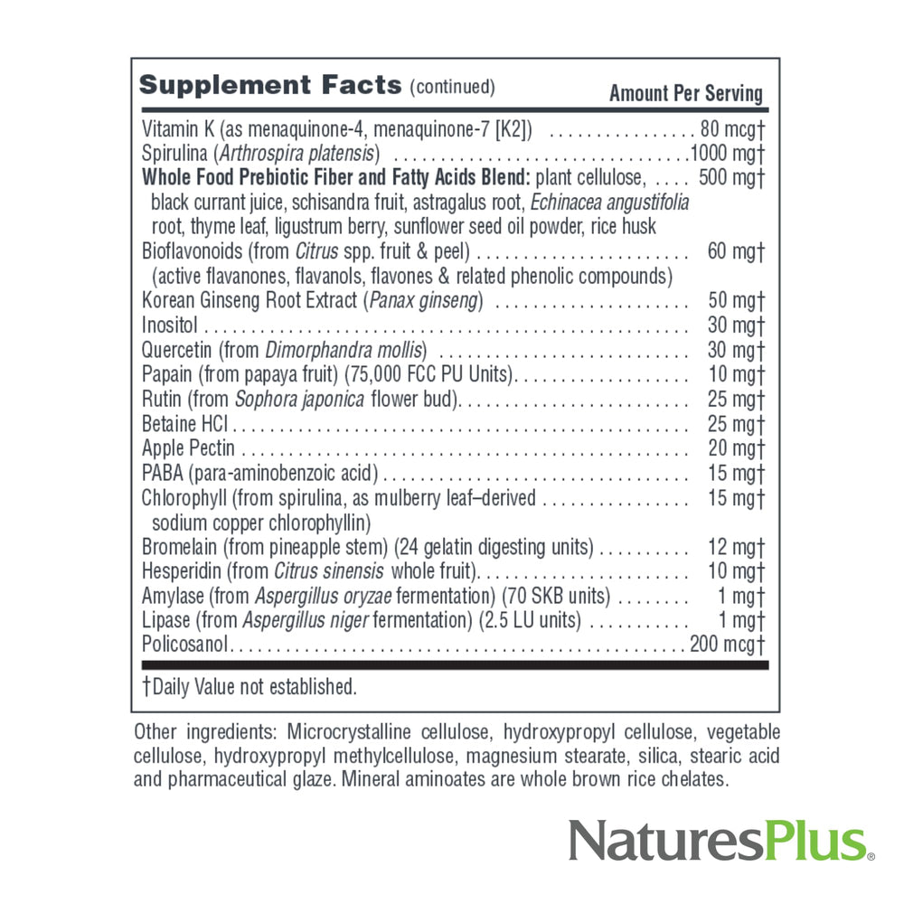 NaturesPlus Source of Life No Iron tablets gluten-free badge and hypoallergenic claim
