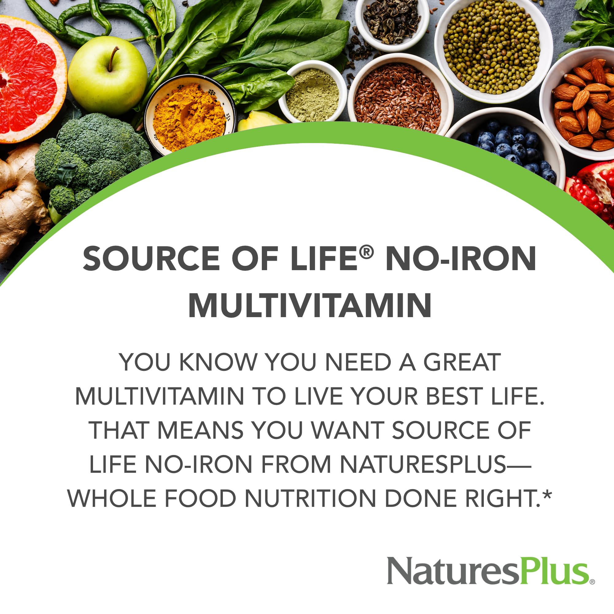 NaturesPlus Source of Life No Iron tablets label closeup highlighting no iron
