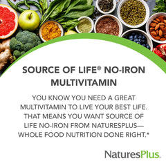NaturesPlus Source of Life No Iron tablets label closeup highlighting no iron