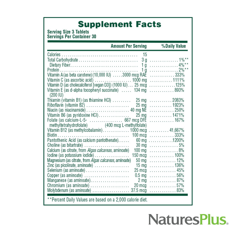 NaturesPlus Source of Life No Iron tablets servings count showing 60 servings