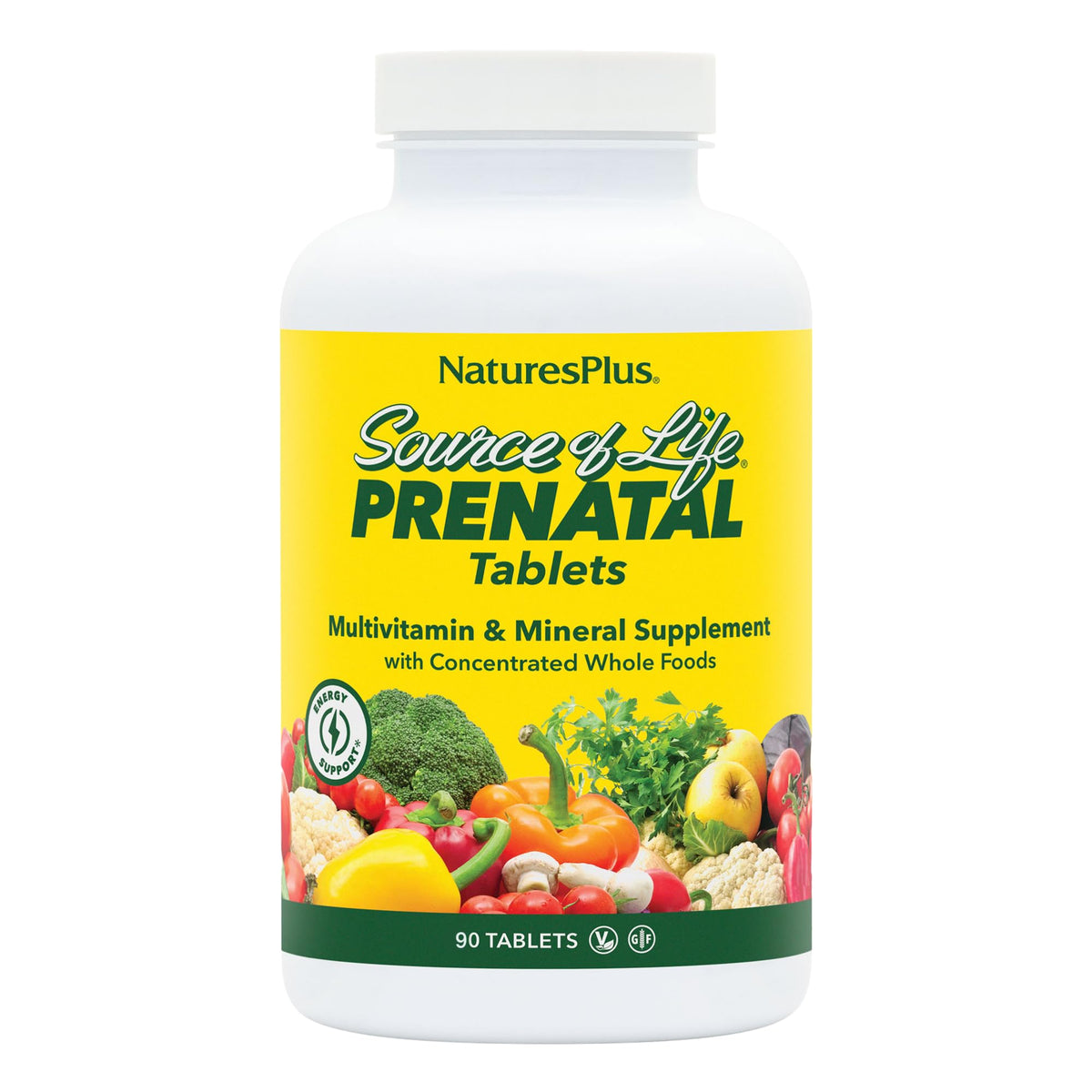 NaturesPlus Source of Life Prenatal bottle close-up highlighting folate and iron for prenatal support.