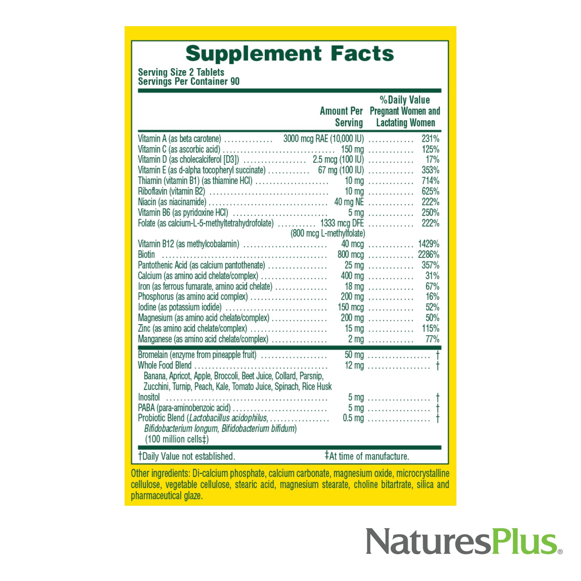 NaturesPlus Source of Life Prenatal ingredients close-up with whole-food extracts and minerals.