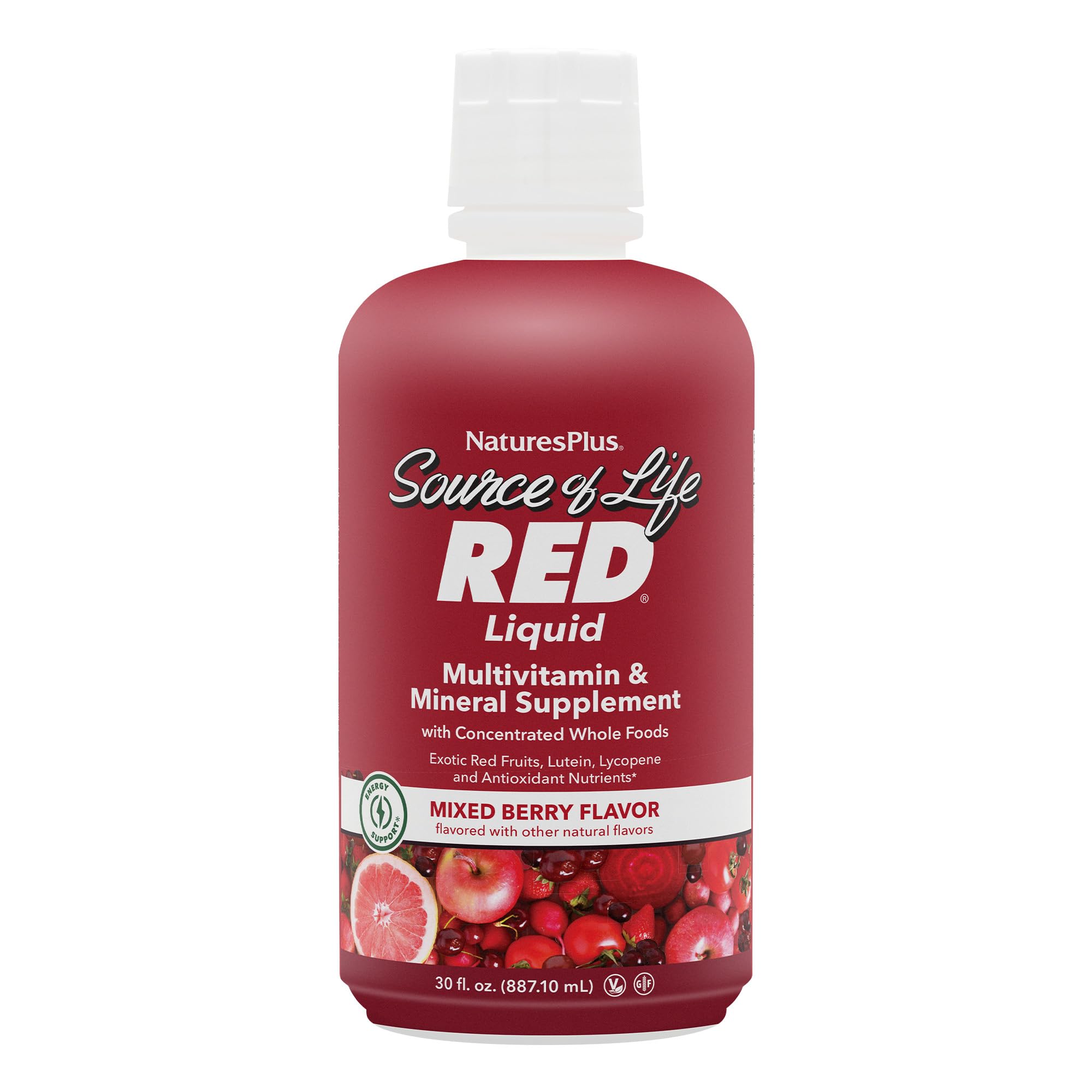 NaturesPlus Source of Life RED bottle pours a vibrant berry flavor for daily energy support.