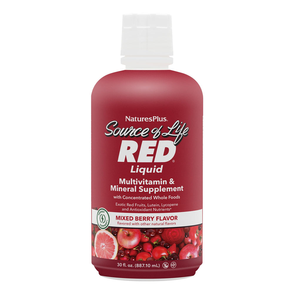 NaturesPlus Source of Life RED bottle pours a vibrant berry flavor for daily energy support.