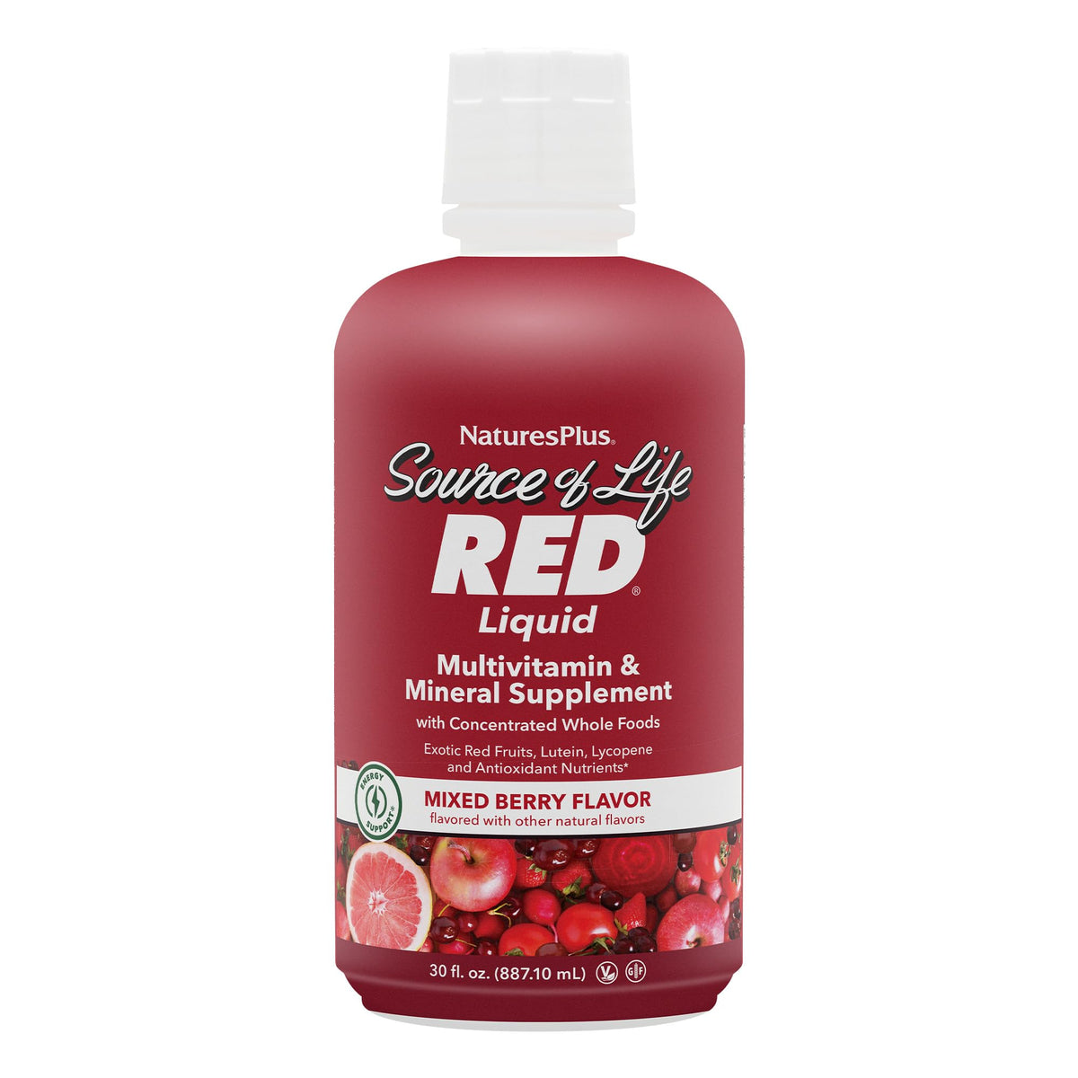 NaturesPlus Source of Life RED bottle pours a vibrant berry flavor for daily energy support.