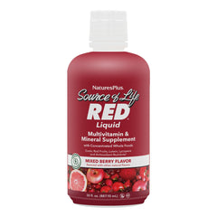 NaturesPlus Source of Life RED bottle pours a vibrant berry flavor for daily energy support.