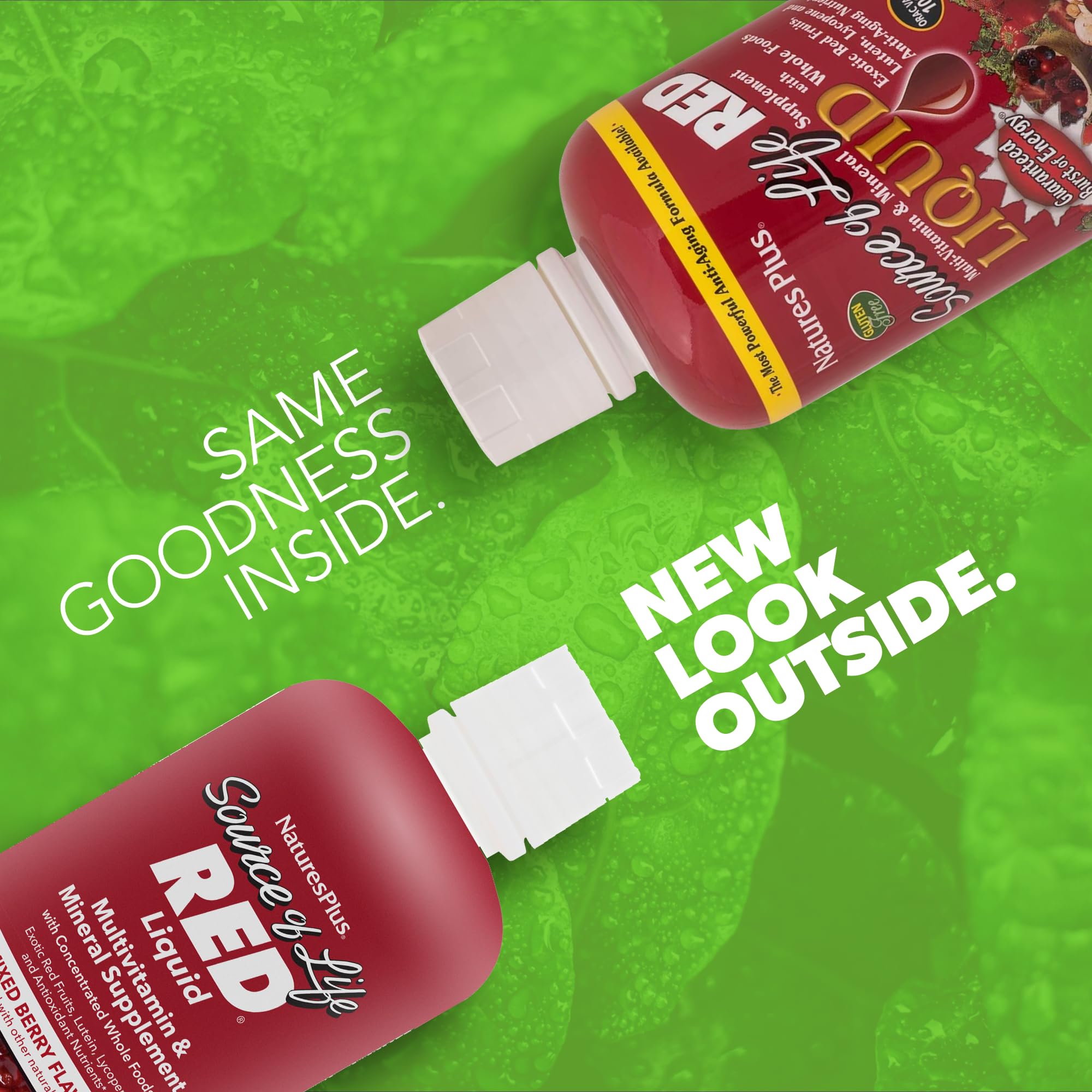 Close-up of red fruit blend in Source of Life RED bottle for flavor and nutrition.