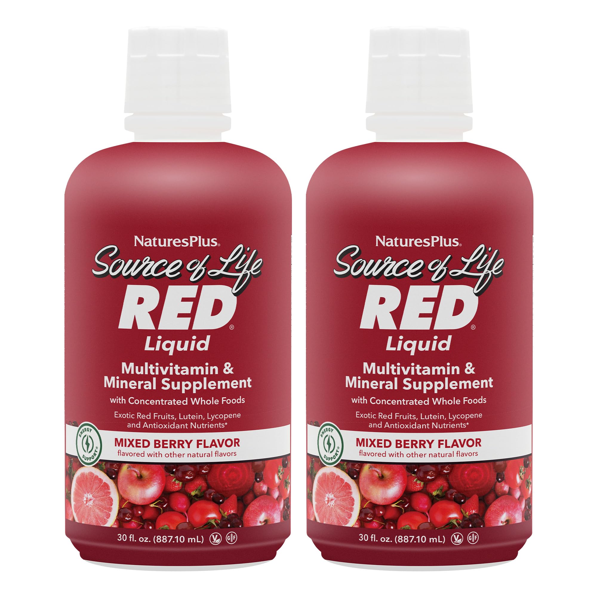 NaturesPlus Source of Life RED bottle with vibrant berry liquid for daily energy.